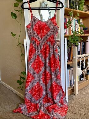 Pink Rose Red Boho Print Maxi Dress